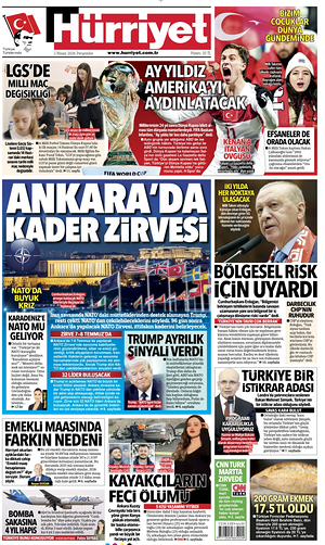Prima pagina Hurriyet di oggi - Quotidiano estero