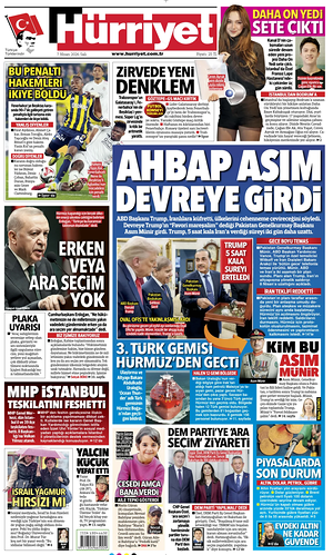 Prima pagina Hurriyet di oggi - Quotidiano estero