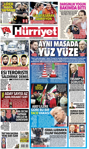 Prima pagina Hurriyet di oggi - Quotidiano estero