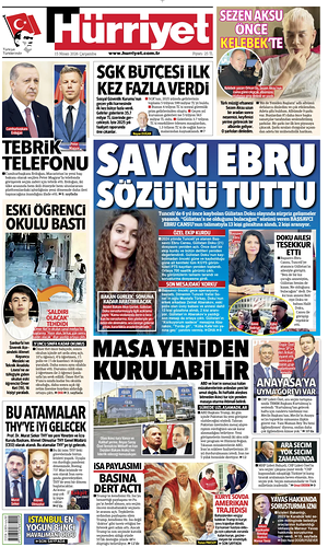Prima pagina Hurriyet di oggi - Quotidiano estero