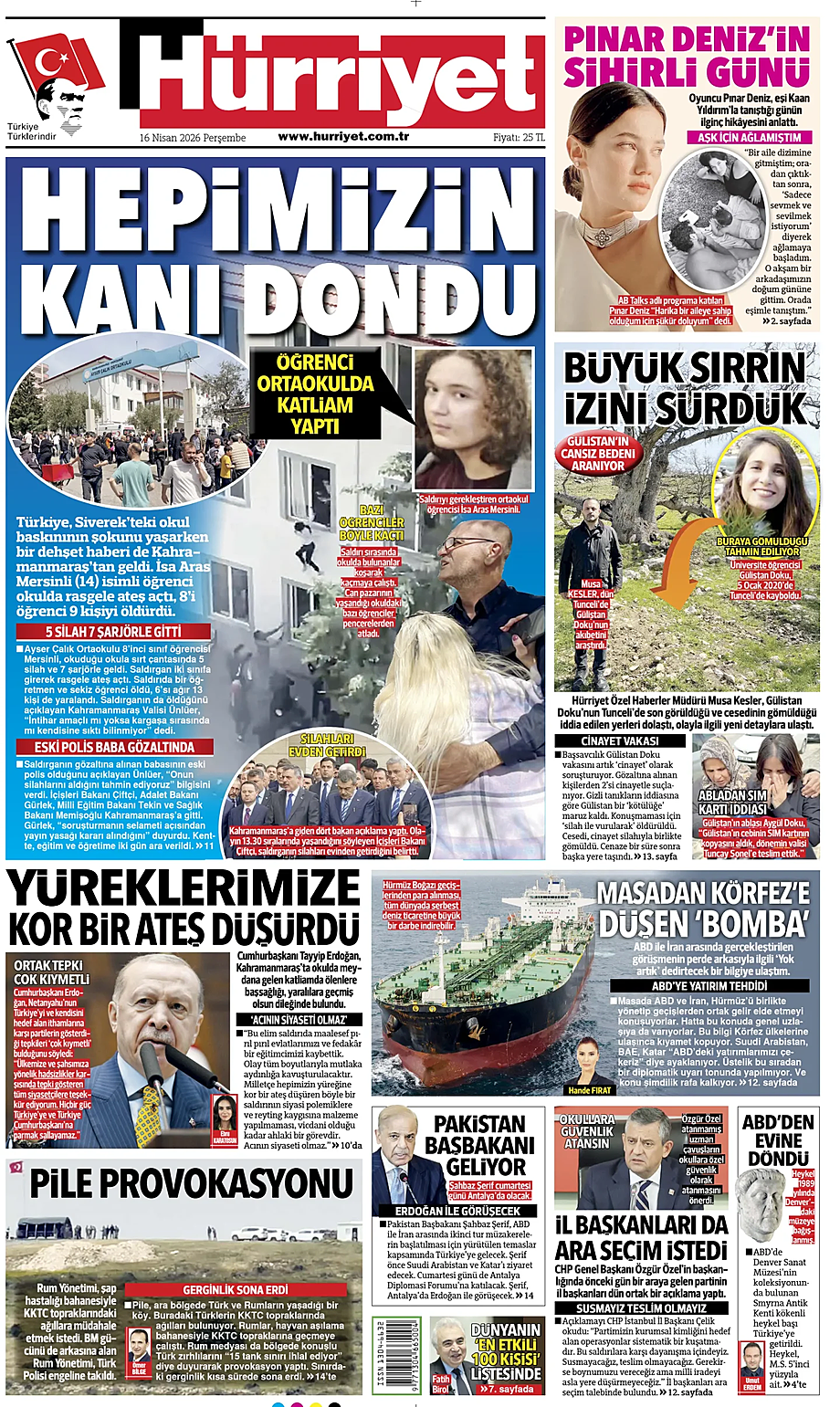Prima pagina Hurriyet di oggi - Edicola 16 Aprile 2026