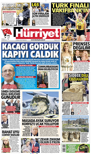 Bugünkü Hürriyet birinci sayfası - ulusal gazeteler gazetesi