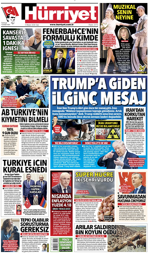 Prima pagina Hurriyet di oggi - Quotidiano estero