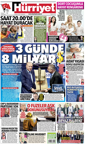 Prima pagina Hurriyet di oggi - Quotidiano estero