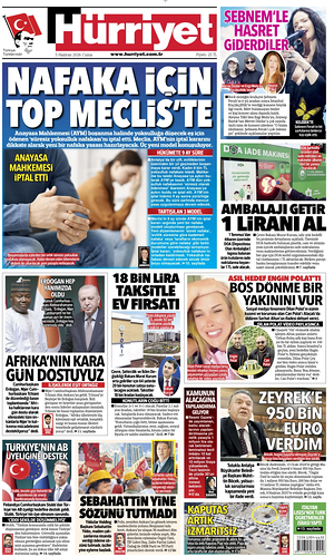 Prima pagina Hurriyet di oggi - Quotidiano estero