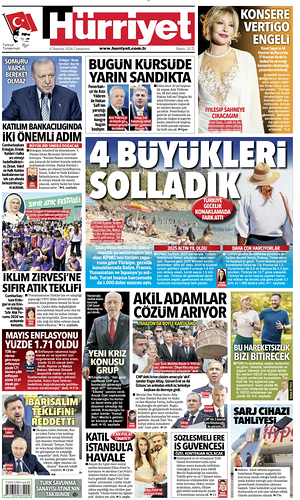 Prima pagina Hurriyet di oggi - Quotidiano estero