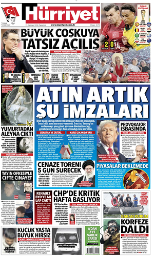 Prima pagina Hurriyet di oggi - Quotidiano estero