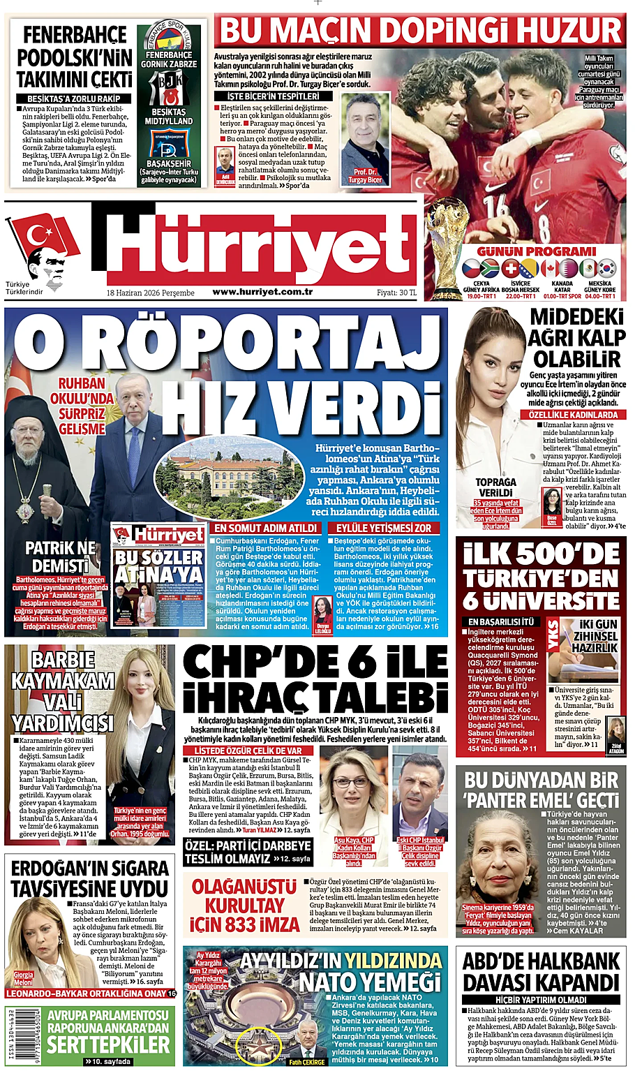 Hürriyet bugünkü manşeti ve ilk sayfası - Türkiye basını 18 Haziran 2026