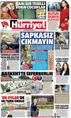 Prima pagina Hurriyet di oggi - Quotidiano estero