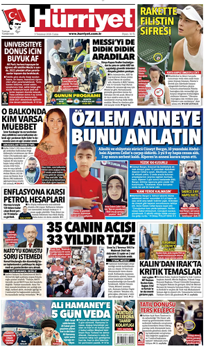 Prima pagina Hurriyet di oggi - Quotidiano estero