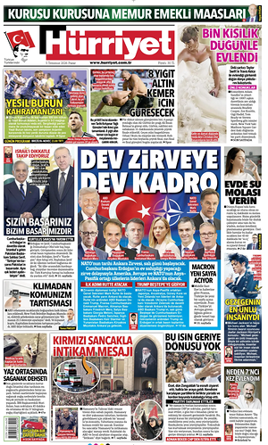 Prima pagina Hurriyet di oggi - Quotidiano estero
