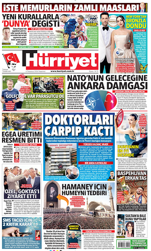 Prima pagina Hurriyet di oggi - Quotidiano estero