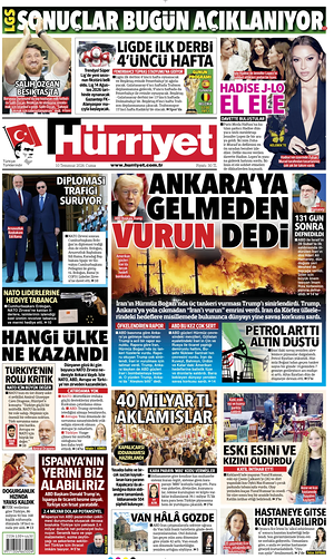 Prima pagina Hurriyet di oggi - Quotidiano estero