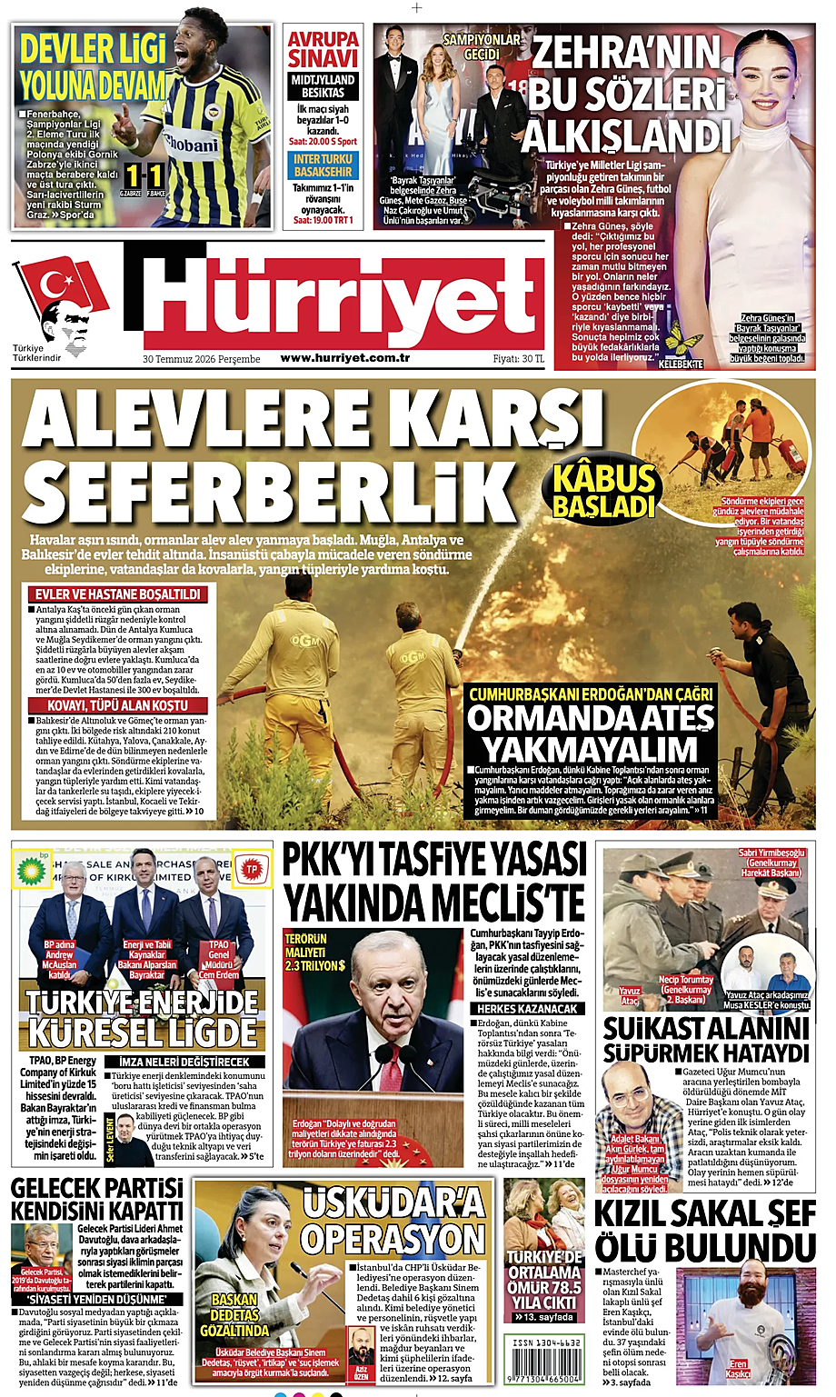 Portada Hurriyet de hoy - Quiosco 30 julio 2026