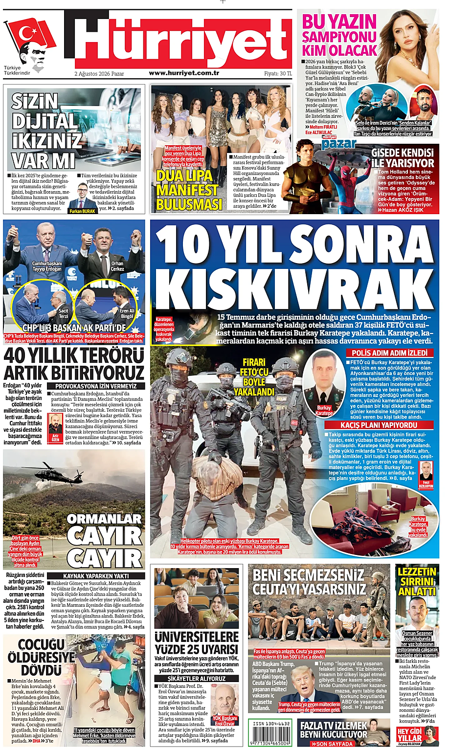Hürriyet bugünkü manşeti ve ilk sayfası - Türkiye basını 2 Ağustos 2026