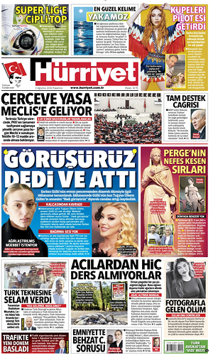 Prima pagina Hurriyet di oggi - Quotidiano estero