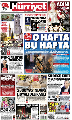 Prima pagina Hurriyet di oggi - Quotidiano estero
