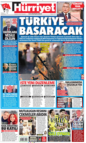 Prima pagina Hurriyet di oggi - Quotidiano estero