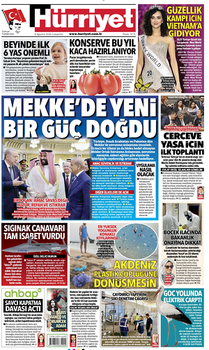 Prima pagina Hurriyet di oggi - Quotidiano estero
