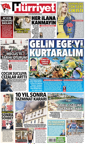 Prima pagina Hurriyet di oggi - Quotidiano estero