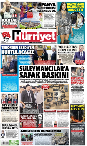 Prima pagina Hurriyet di oggi - Quotidiano estero