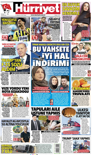 Prima pagina Hurriyet di oggi - Quotidiano estero