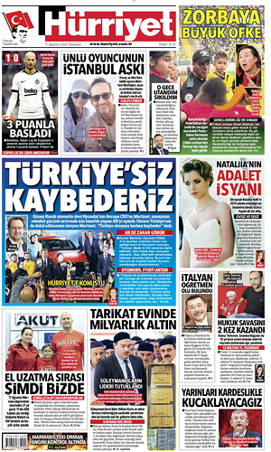 Prima pagina Hurriyet di oggi - Quotidiano estero