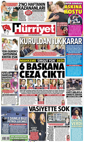 Prima pagina Hurriyet di oggi - Quotidiano estero