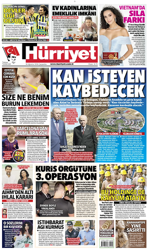 Prima pagina Hurriyet di oggi - Quotidiano estero