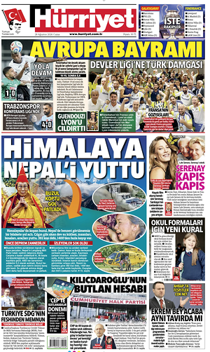 Prima pagina Hurriyet di oggi - Quotidiano estero