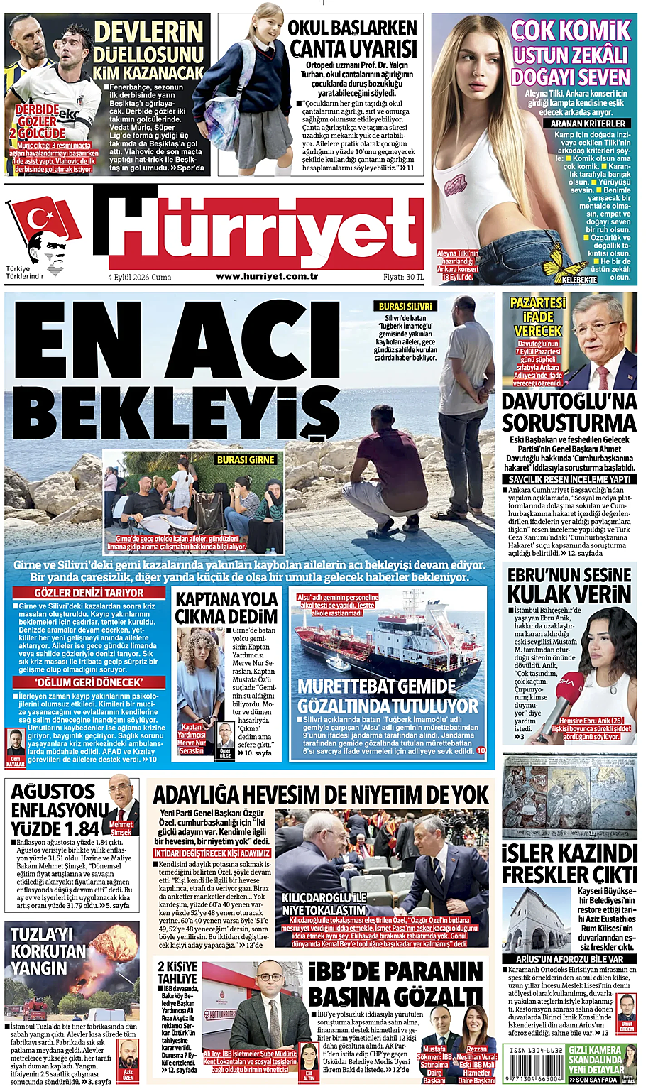 Prima pagina Hurriyet di oggi - Edicola 4 Settembre 2026