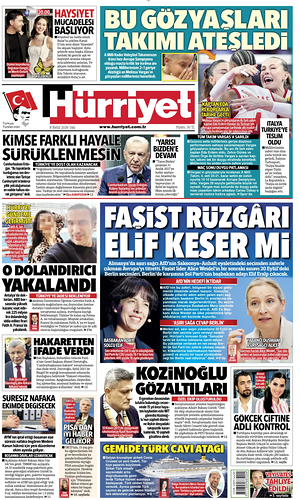 Prima pagina Hurriyet di oggi - Quotidiano estero