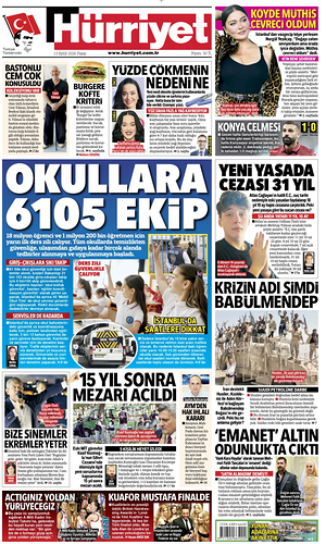 Prima pagina Hurriyet di oggi - Quotidiano estero