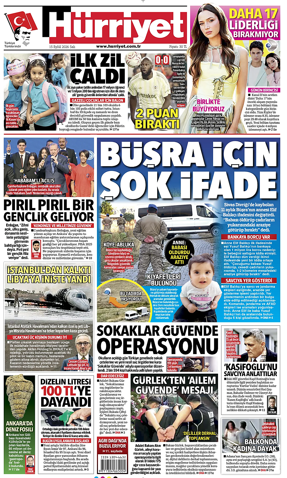 Portada Hurriyet de hoy - Quiosco 15 septiembre 2026