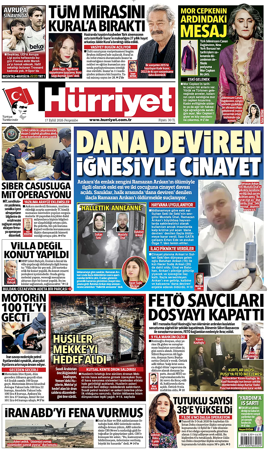 Hürriyet bugünkü manşeti ve ilk sayfası - Türkiye basını 17 Eylül 2026