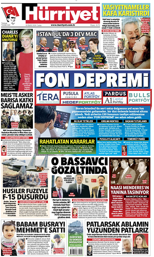 Prima pagina Hurriyet di oggi - Quotidiano estero