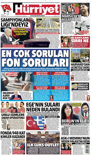 Prima pagina Hurriyet di oggi - Quotidiano estero