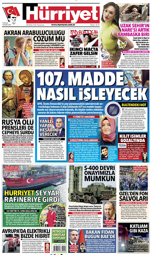 Prima pagina Hurriyet di oggi - Quotidiano estero