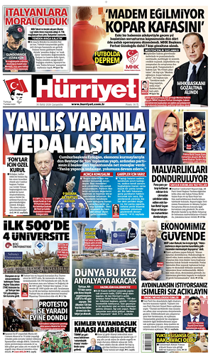 Prima pagina Hurriyet di oggi - Quotidiano estero