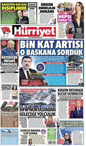 Prima pagina Hurriyet di oggi - Quotidiano estero