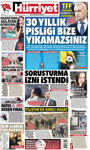 Prima pagina Hurriyet di oggi - Quotidiano estero