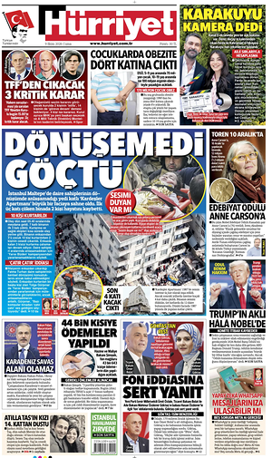 Prima pagina Hurriyet di oggi - Quotidiano estero