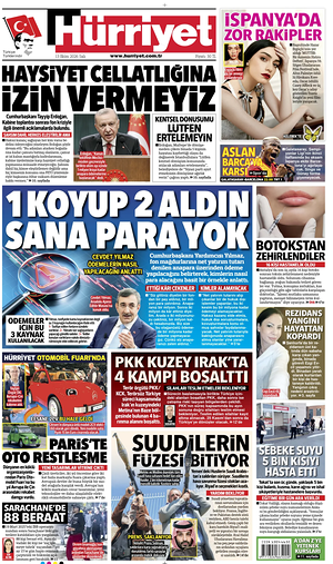 Prima pagina Hurriyet di oggi - Quotidiano estero