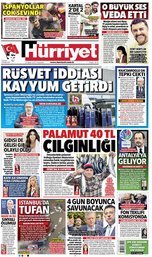 Prima pagina Hurriyet di oggi - Quotidiano estero
