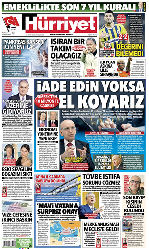 Prima pagina Hurriyet di oggi - Quotidiano estero