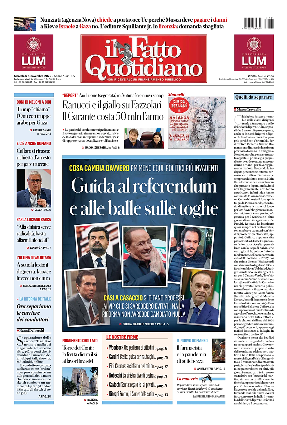 Prima pagina Il Fatto Quotidiano di oggi - Edicola 5 Novembre 2025