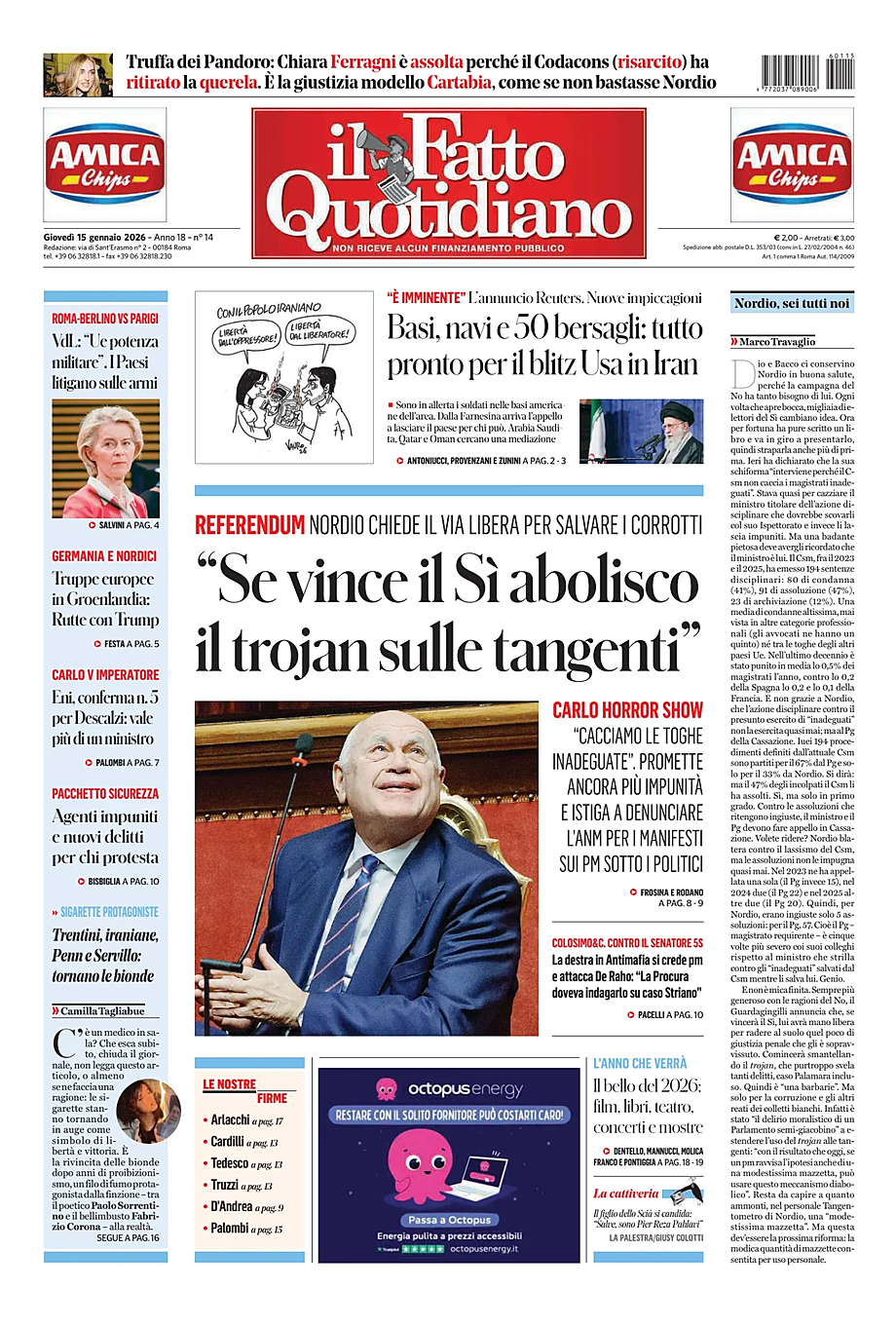 Prima pagina Il Fatto Quotidiano di oggi - Edicola 15 Gennaio 2026