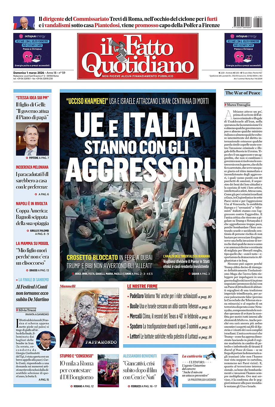 Prima pagina Il Fatto Quotidiano di oggi - Edicola 1 Marzo 2026