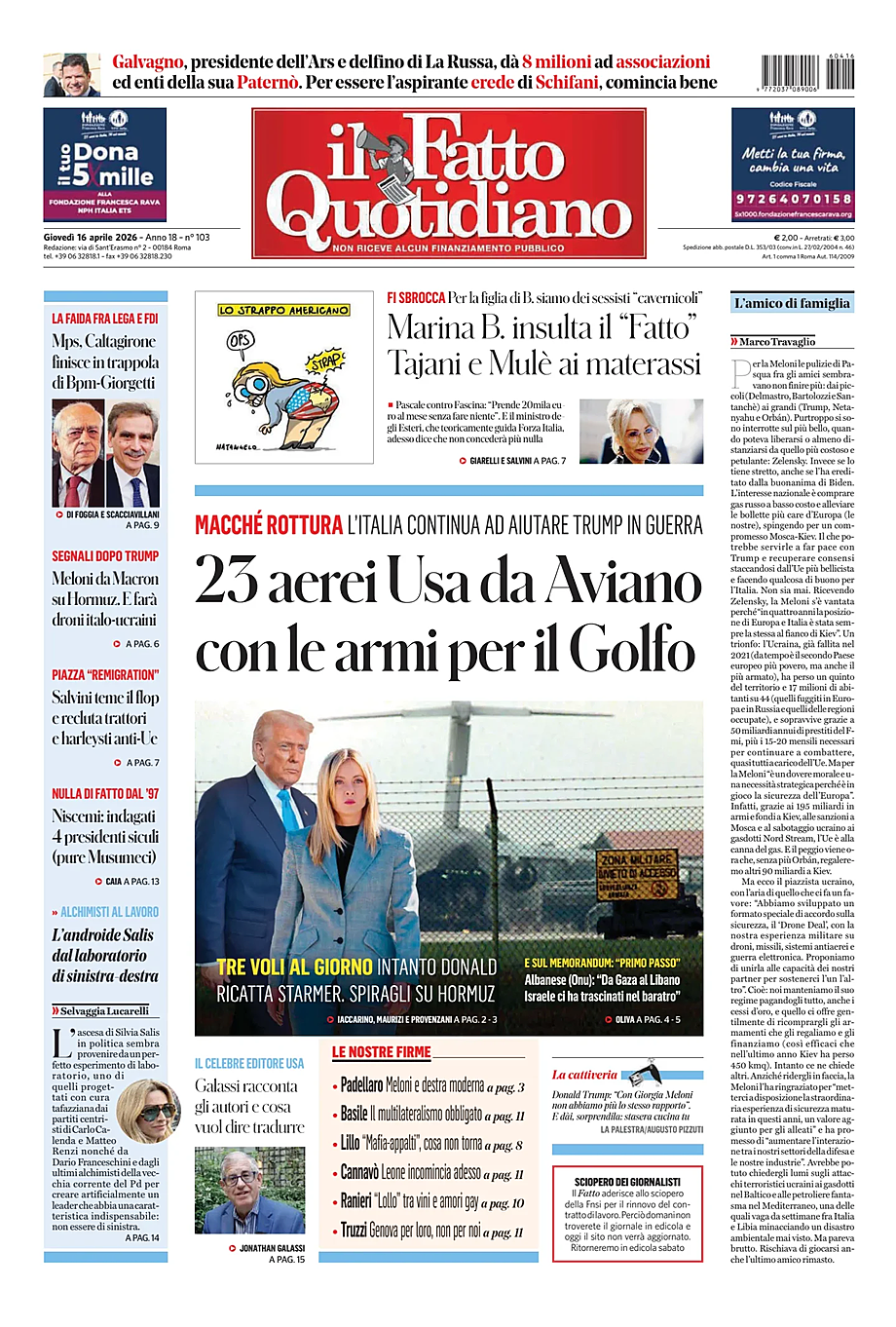 Prima pagina Il Fatto Quotidiano di oggi - Edicola 16 Aprile 2026