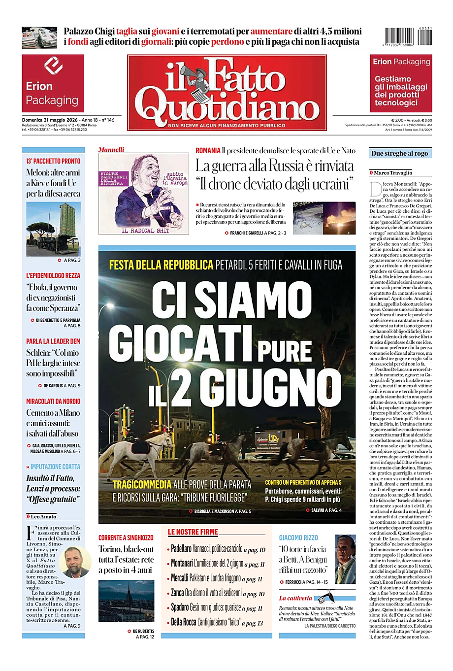 Prima pagina Il Fatto Quotidiano di oggi - Edicola 31 Maggio 2026